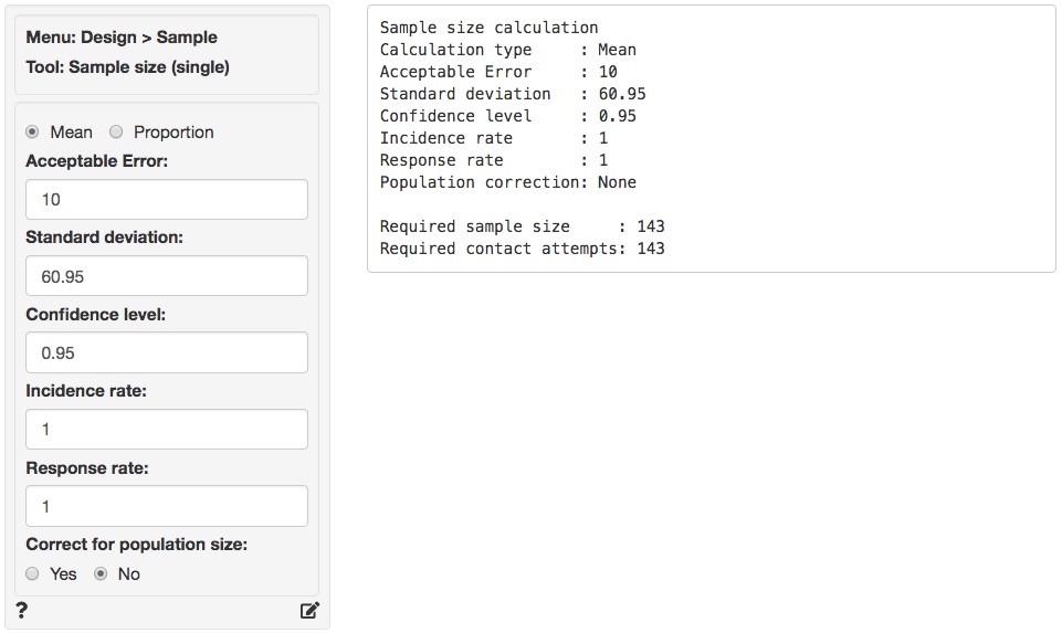 Design > Sample > Sample size (single)